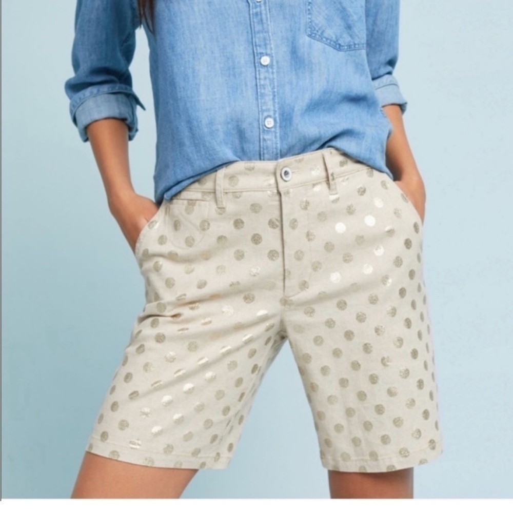 Anthropologie Gold Foil Polka Dots Linen Blend Bermuda Shorts Mid Rise